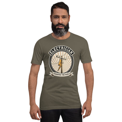 Powering The World electrician emblem tee — Army, on model