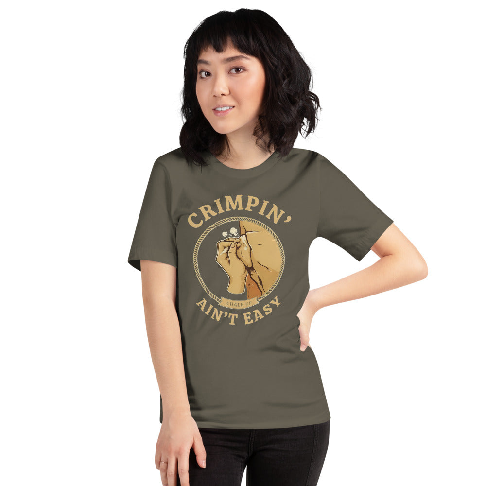 Crimpin' Ain't Easy bouldering badge t-shirt — Army, on model