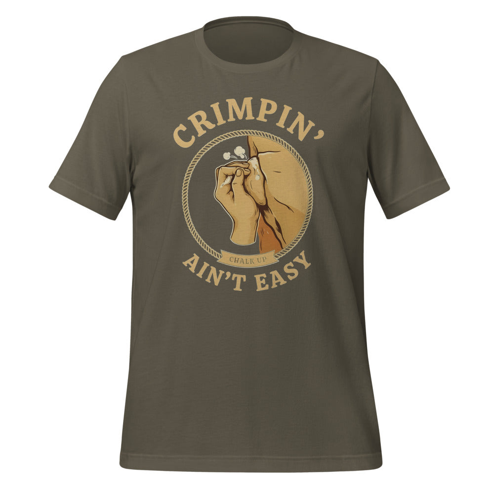 Crimpin' Ain't Easy bouldering badge t-shirt — Army, front