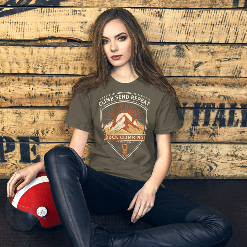 Climb Send Repeat mountaineering crest t-shirt — Army, on model
