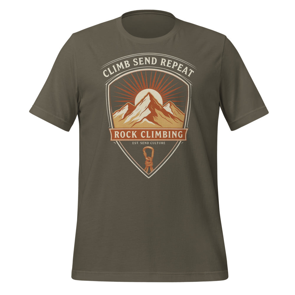 Climb Send Repeat mountaineering crest t-shirt — Army, front
