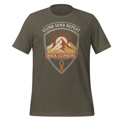 Climb Send Repeat mountaineering crest t-shirt — Army, front
