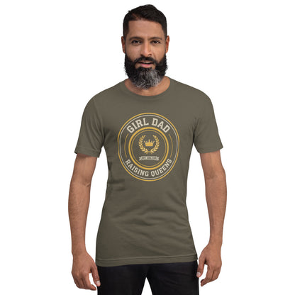 Girl Dad Raising Queens crest tee — Army, on model