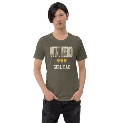 Girl Dad Outnumbered & Proud tee — Army, on model