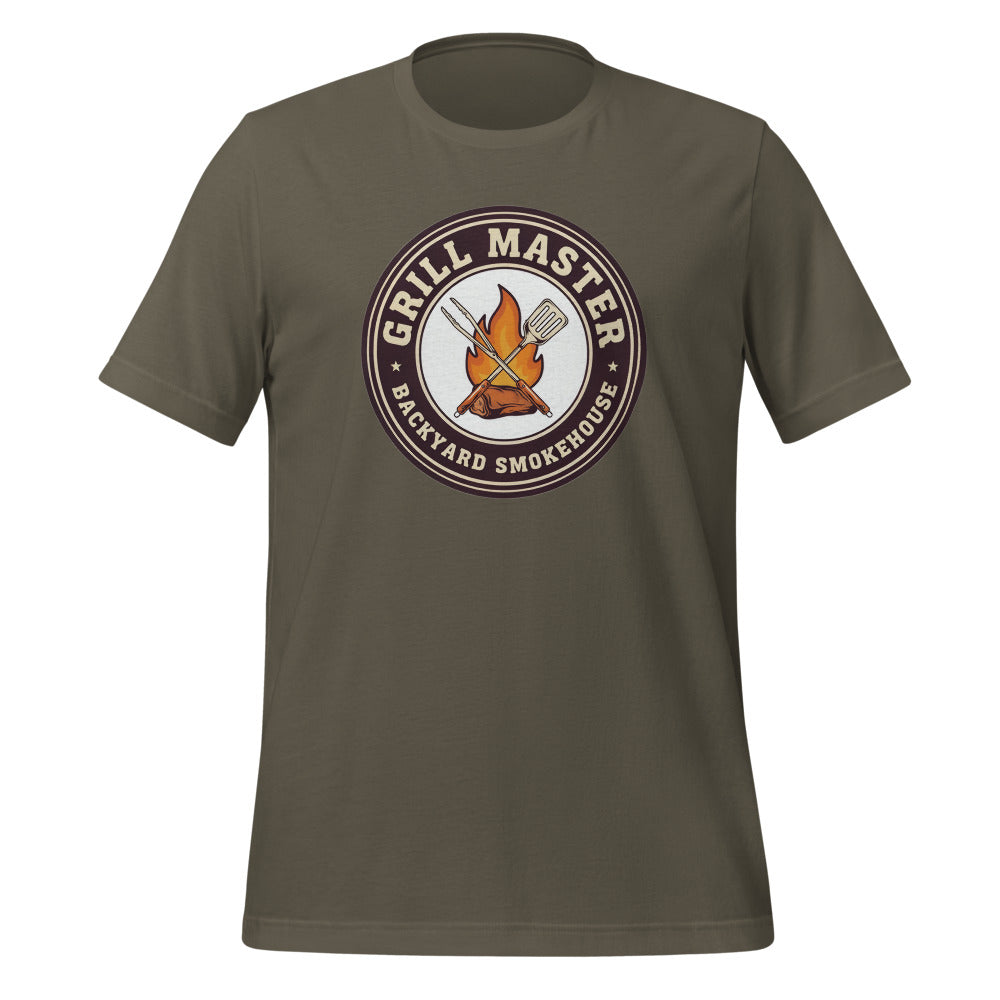 Grill Master retro backyard smokehouse tee — Army, front
