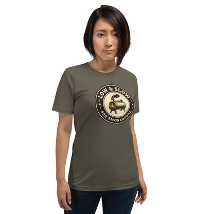 Low & Slow BBQ smoker tee — Army, on model