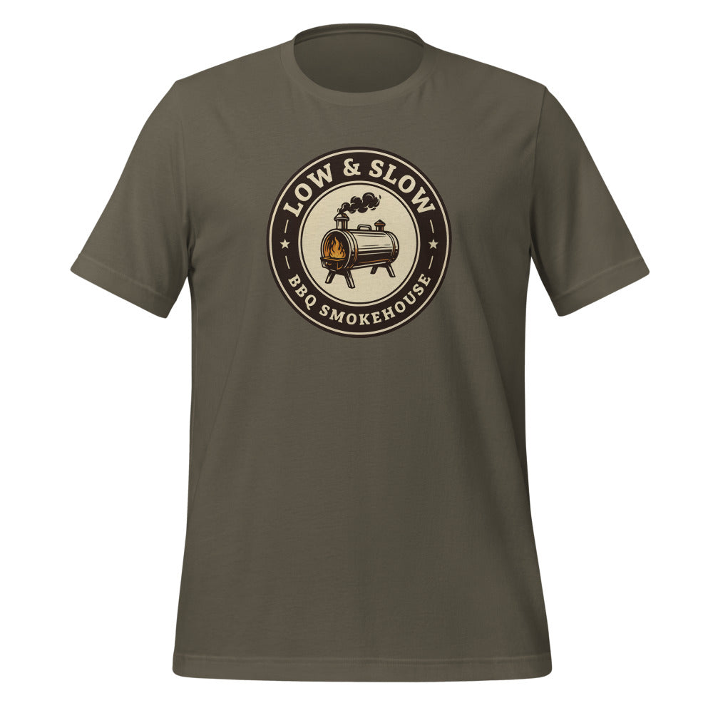 Low & Slow BBQ smoker tee — Army, front