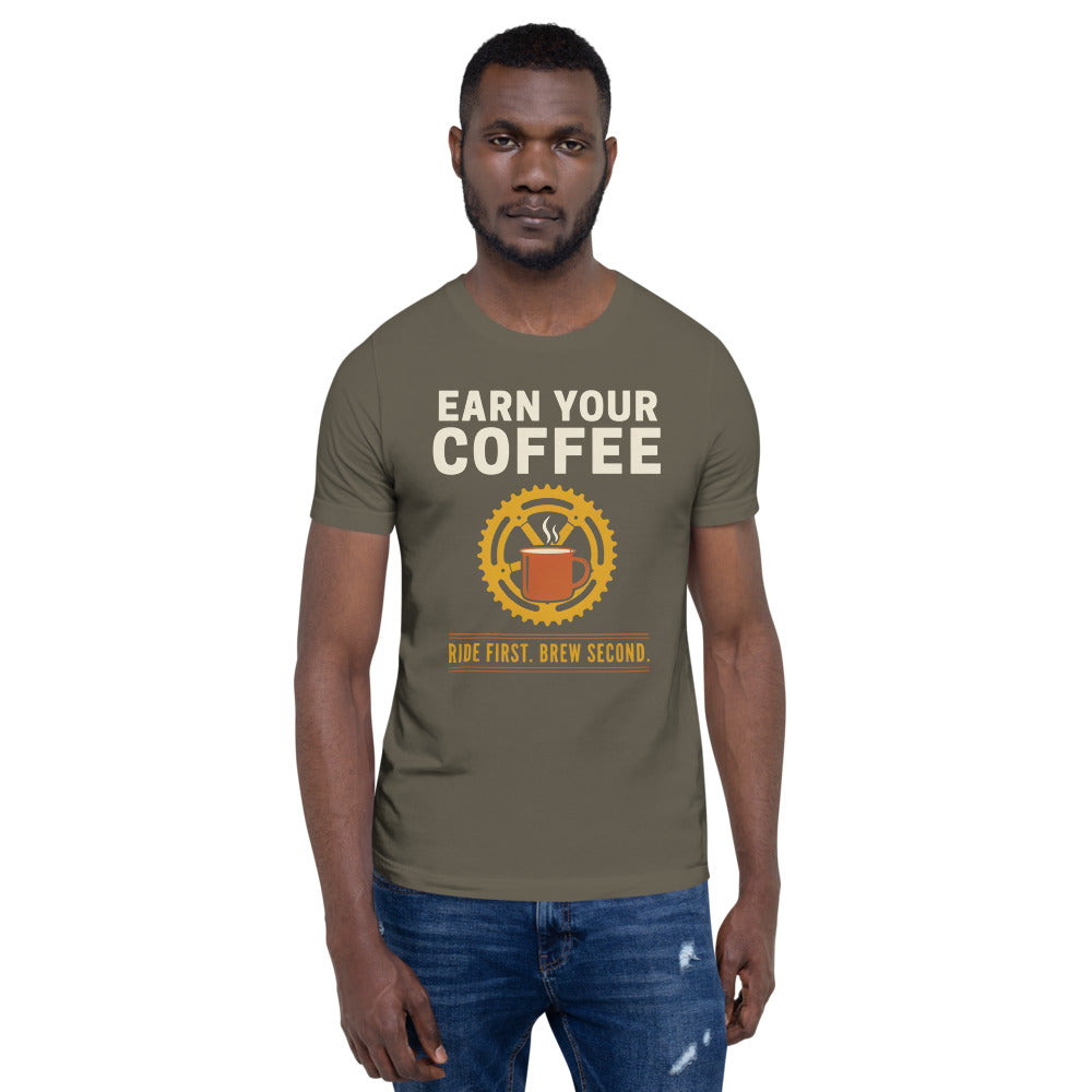 Earn Your Coffee retro cycling coffee t-shirt — Army, on model