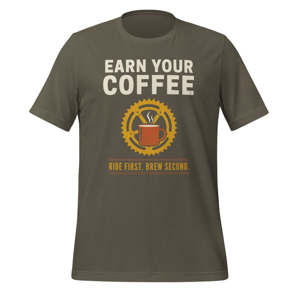 Earn Your Coffee retro cycling coffee t-shirt — Army, front