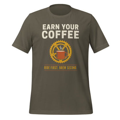 Earn Your Coffee retro cycling coffee t-shirt — Army, front