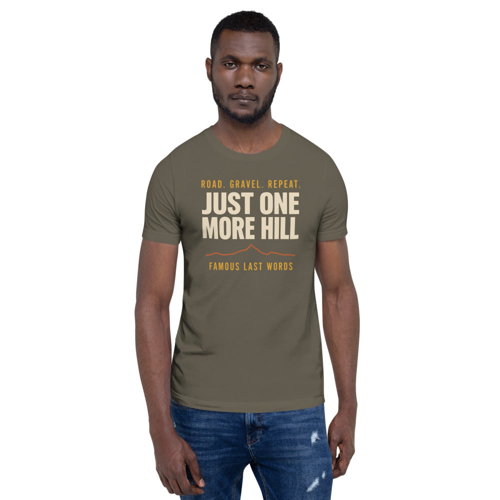 Just One More Hill retro cycling climb t-shirt — Army, on model