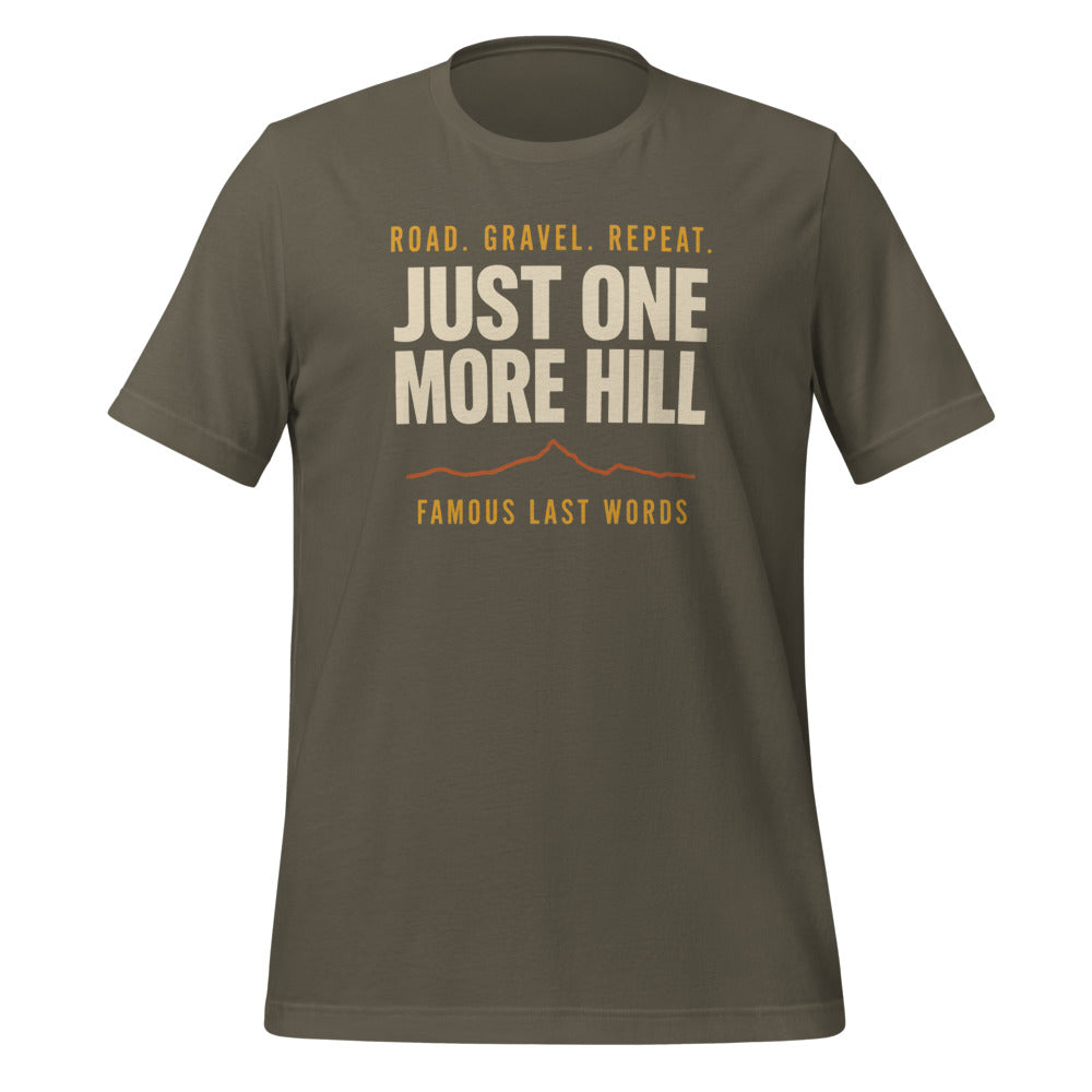 Just One More Hill retro cycling climb t-shirt — Army, front