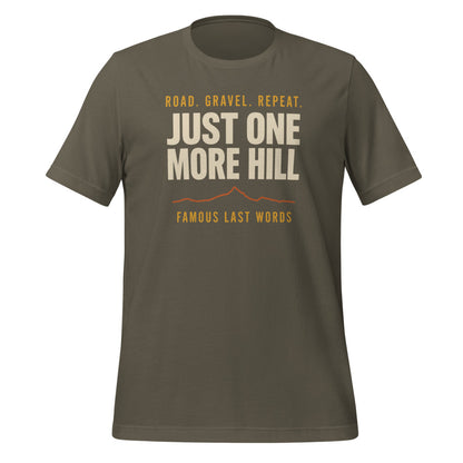 Just One More Hill retro cycling climb t-shirt — Army, front