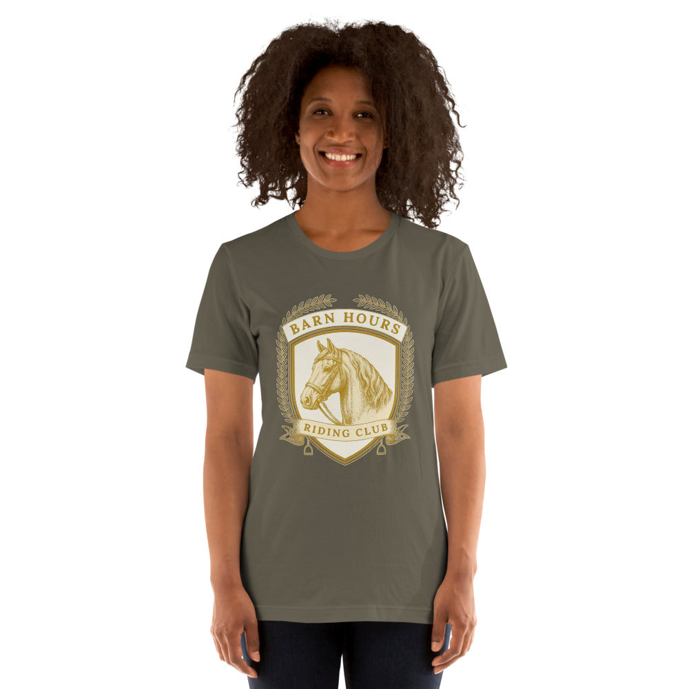Barn Hours Riding Club vintage equestrian stable crest t-shirt — Army, on model