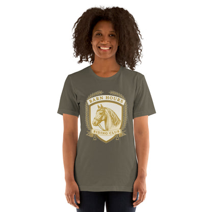 Barn Hours Riding Club vintage equestrian stable crest t-shirt — Army, on model