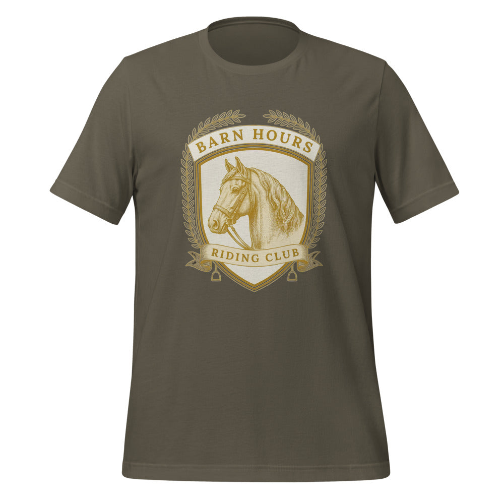 Barn Hours Riding Club vintage equestrian stable crest t-shirt — Army, front