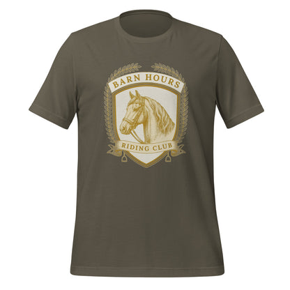 Barn Hours Riding Club vintage equestrian stable crest t-shirt — Army, front