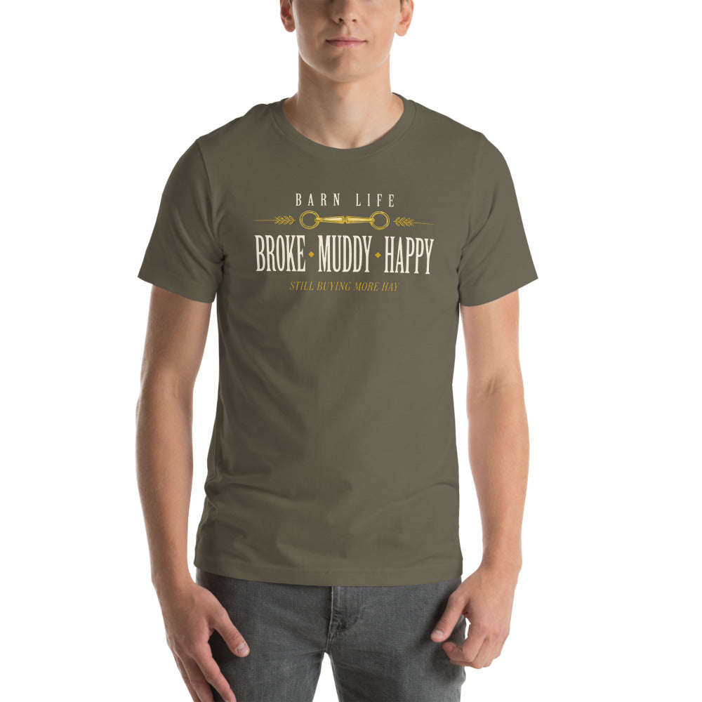 Broke Muddy Happy funny barn life equestrian t-shirt — Army, on model