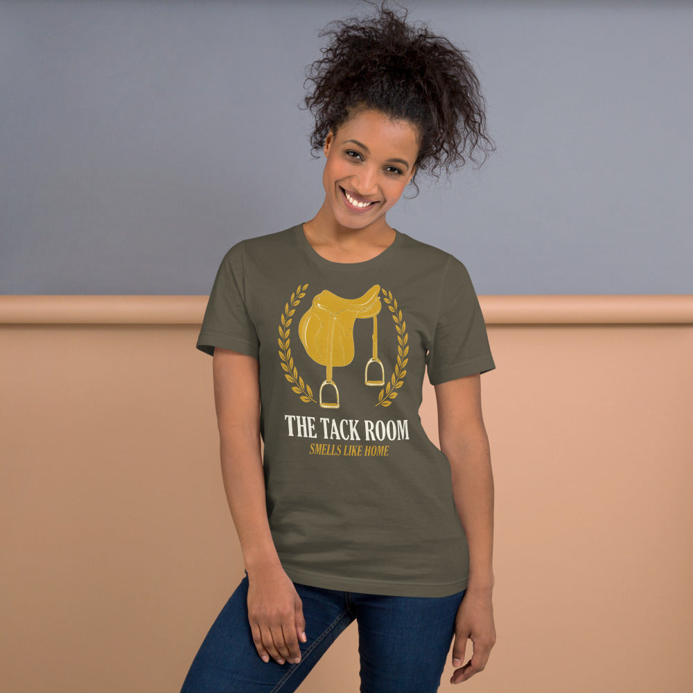 The Tack Room engraved equestrian saddle crest t-shirt — Army, on model