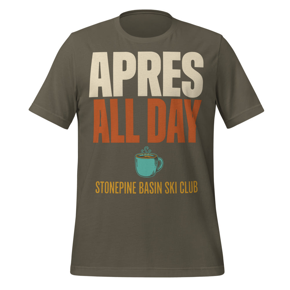 Après All Day Stonepine Basin Ski Club retro apres-ski t-shirt — Army, front