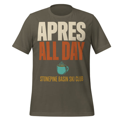 Après All Day Stonepine Basin Ski Club retro apres-ski t-shirt — Army, front