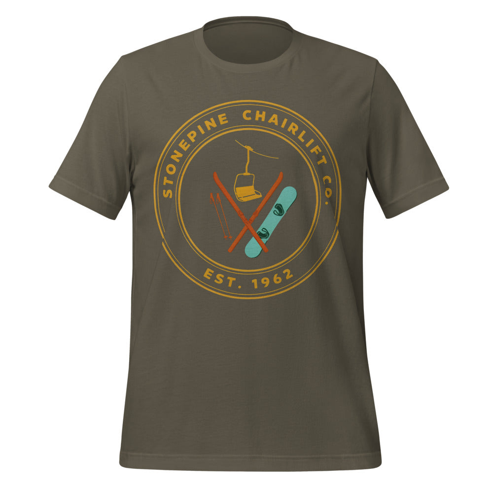 Stonepine Chairlift Co. retro vintage ski club badge t-shirt — Army, front