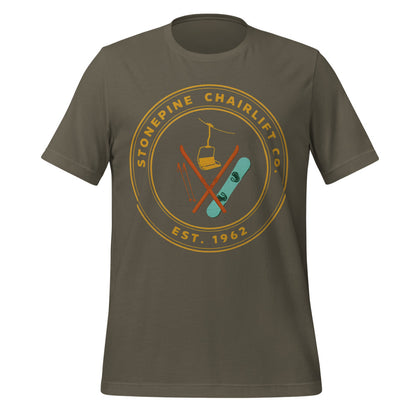 Stonepine Chairlift Co. retro vintage ski club badge t-shirt — Army, front