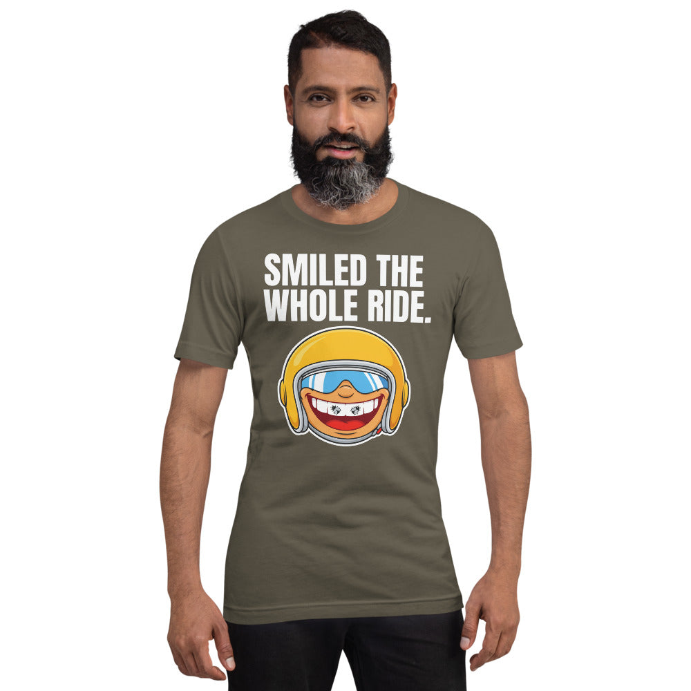 Smiled The Whole Ride funny motorcycle tee — Army, on model