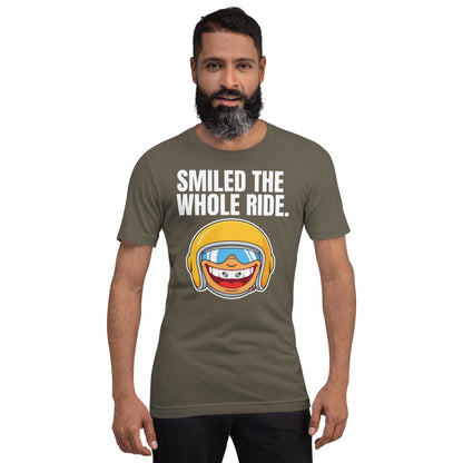 Smiled The Whole Ride funny motorcycle tee — Army, on model