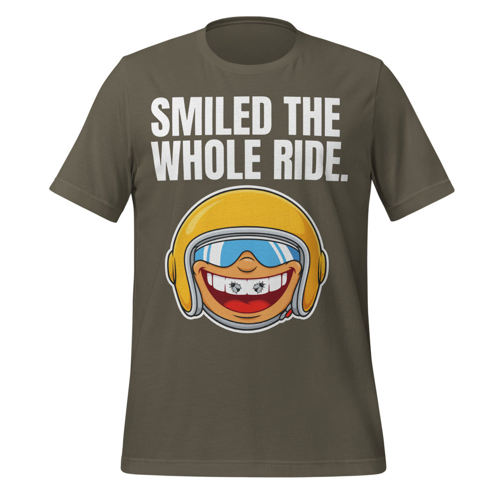 Smiled The Whole Ride funny motorcycle tee — Army, front