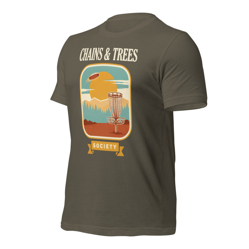 Chains & Trees Society disc golf retro landscape tee — Army, front right