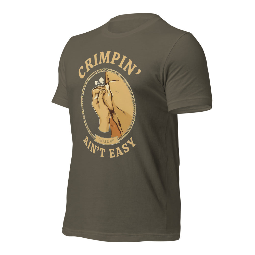 Crimpin' Ain't Easy bouldering badge t-shirt — Army, front-right