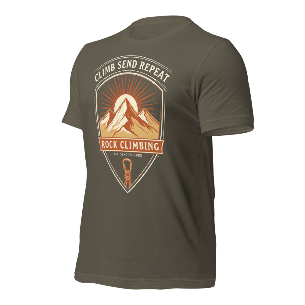 Climb Send Repeat mountaineering crest t-shirt — Army, front-right