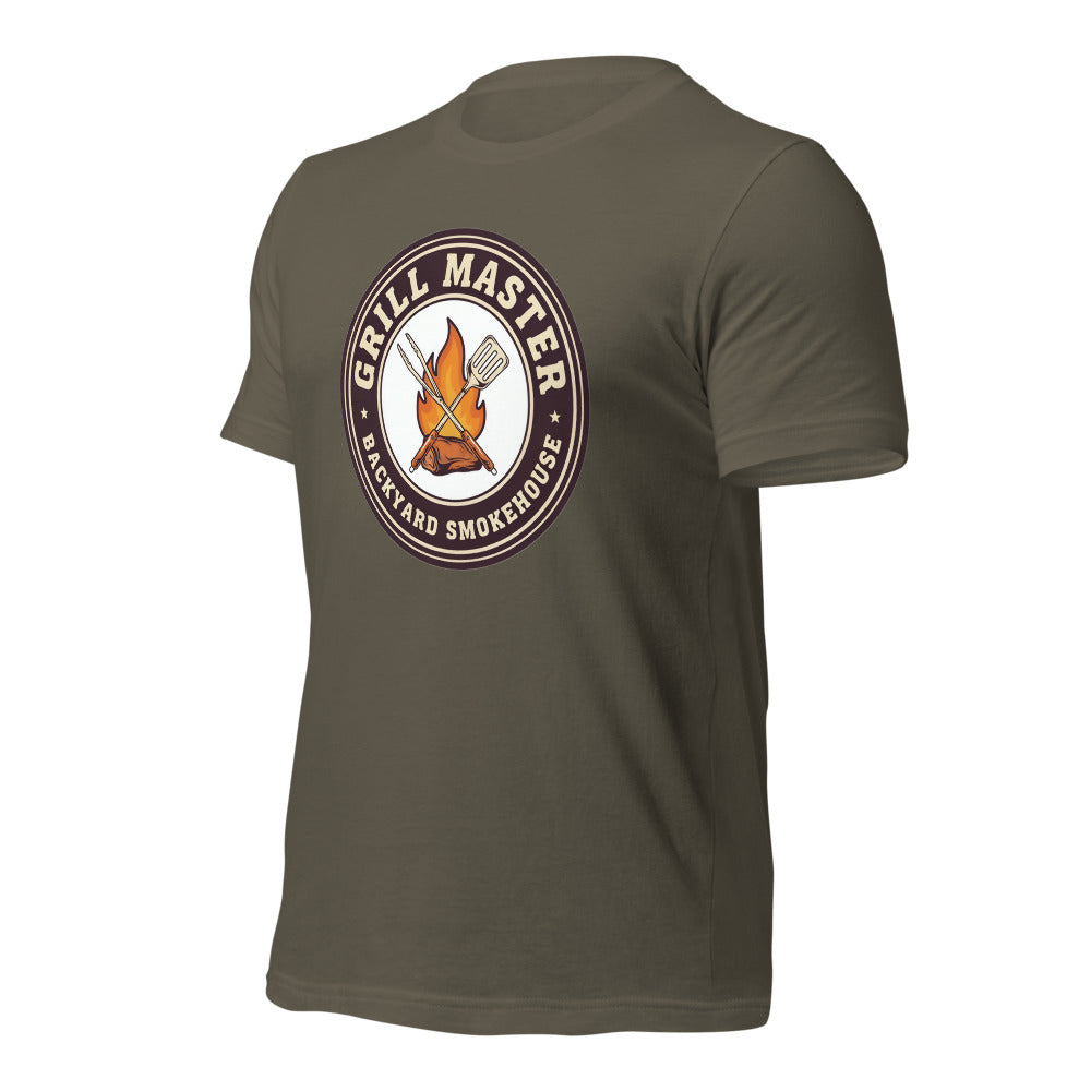 Grill Master retro backyard smokehouse tee — Army, front-right