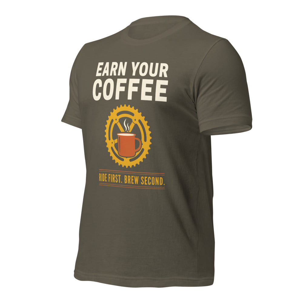 Earn Your Coffee retro cycling coffee t-shirt — Army, front-right
