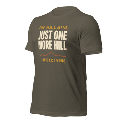 Just One More Hill retro cycling climb t-shirt — Army, front-right