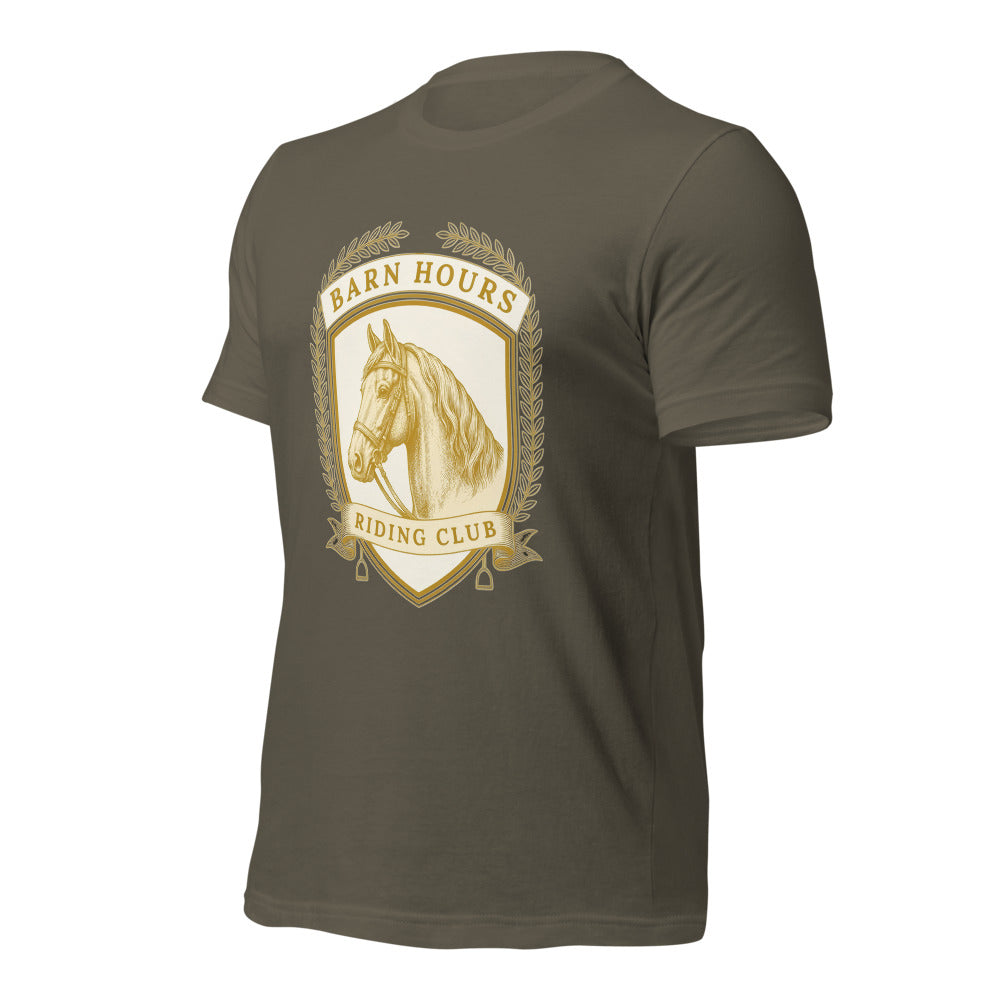 Barn Hours Riding Club vintage equestrian stable crest t-shirt — Army, front-right