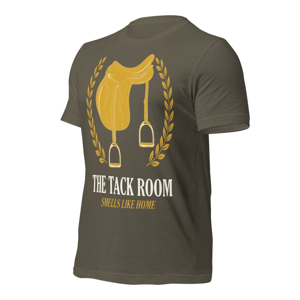 The Tack Room engraved equestrian saddle crest t-shirt — Army, front-right