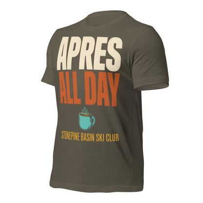 Après All Day Stonepine Basin Ski Club retro apres-ski t-shirt — Army, front-right