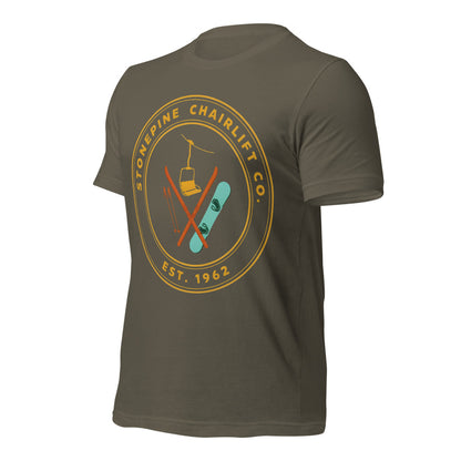 Stonepine Chairlift Co. retro vintage ski club badge t-shirt — Army, front-right