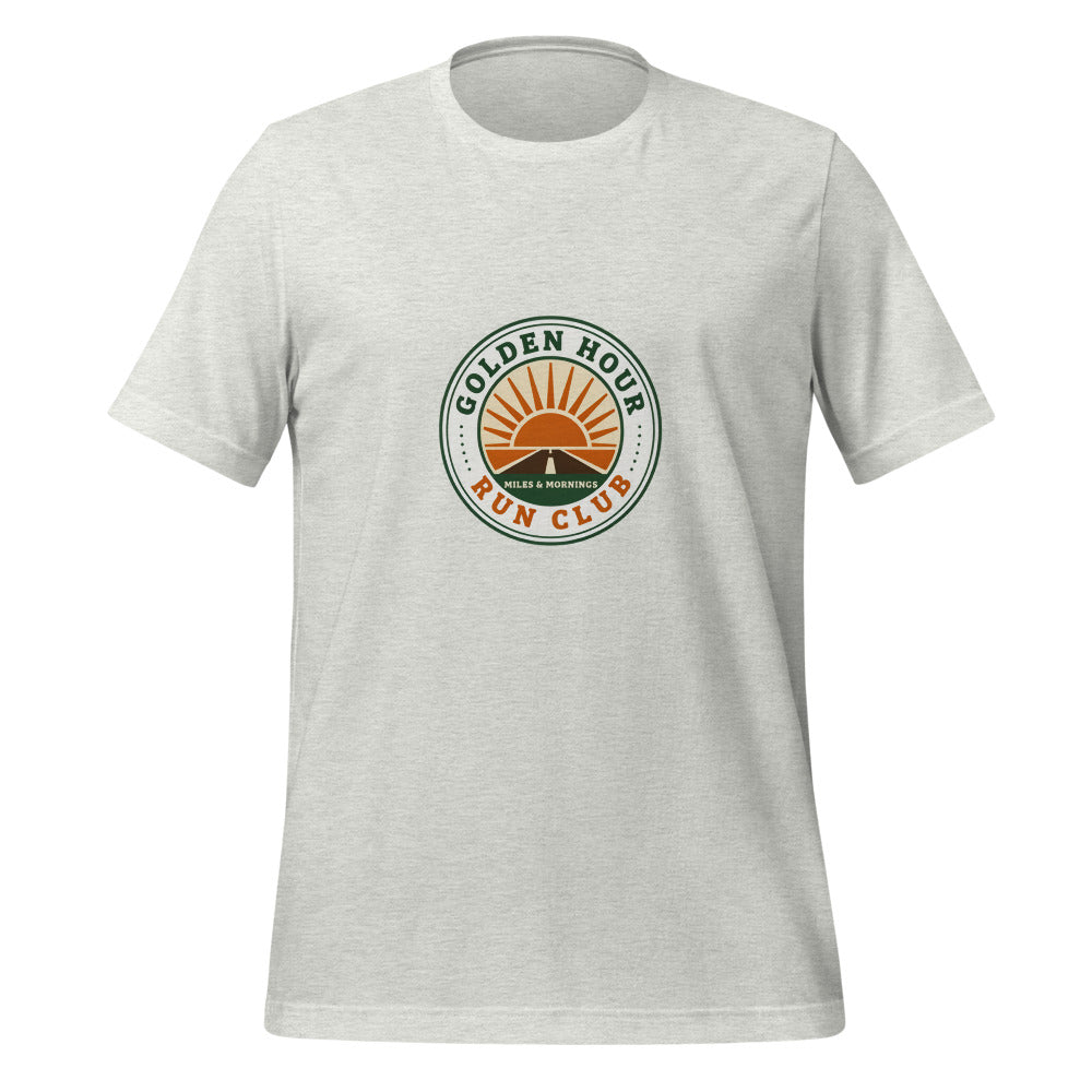 Golden Hour Run Club retro running tee — Ash, front