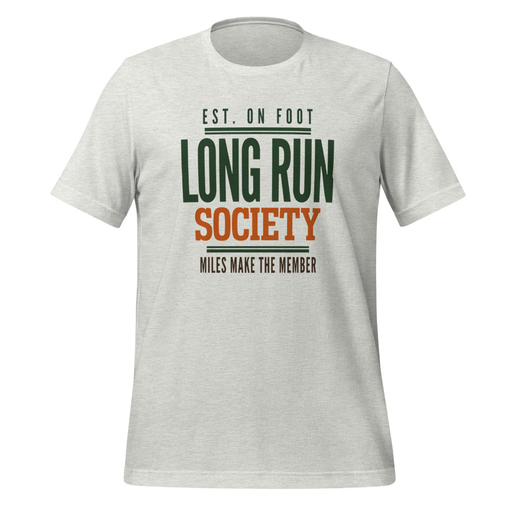 Long Run Society retro running tee — Ash, front