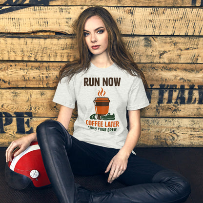 Run Now Coffee Later funny running tee — Ash, on model