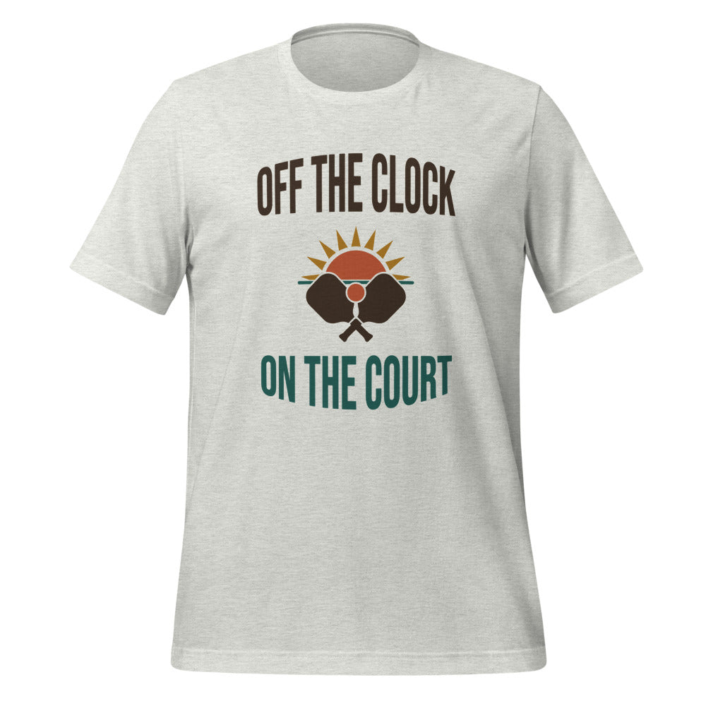 Off The Clock On The Court retro pickleball tee — Ash, front