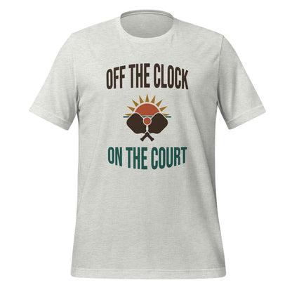 Off The Clock On The Court retro pickleball tee — Ash, front