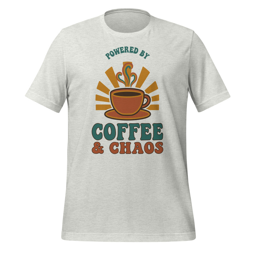 Powered By Coffee And Chaos retro groovy teacher tee — Ash, front