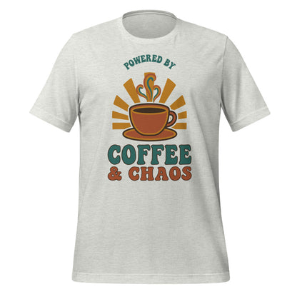 Powered By Coffee And Chaos retro groovy teacher tee — Ash, front