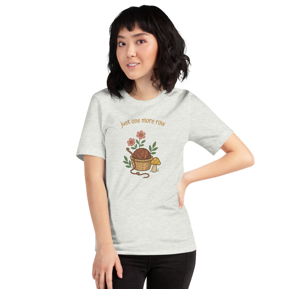 Just One More Row crochet cottagecore tee — Ash, on model