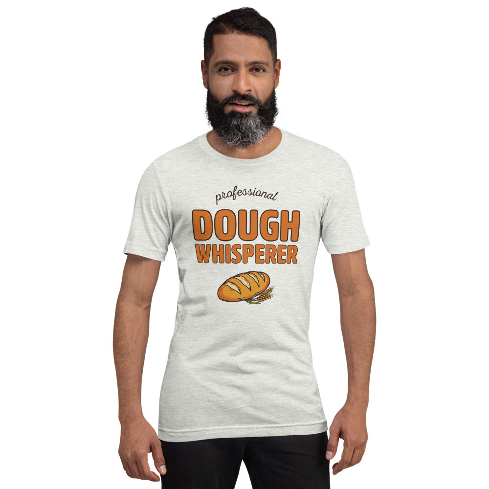 Professional Dough Whisperer funny baker tee — Ash, on model