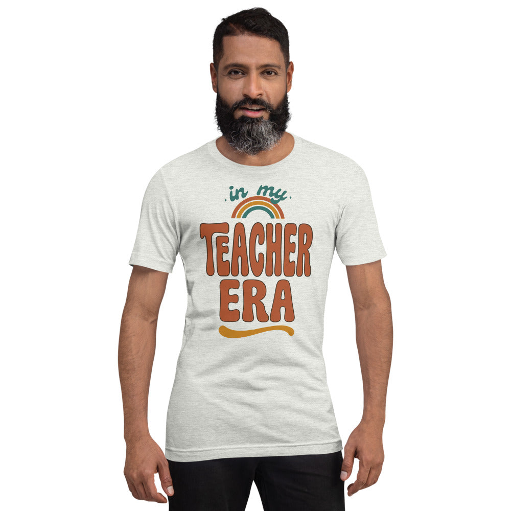 In My Teacher Era retro groovy teacher tee — Ash, on model
